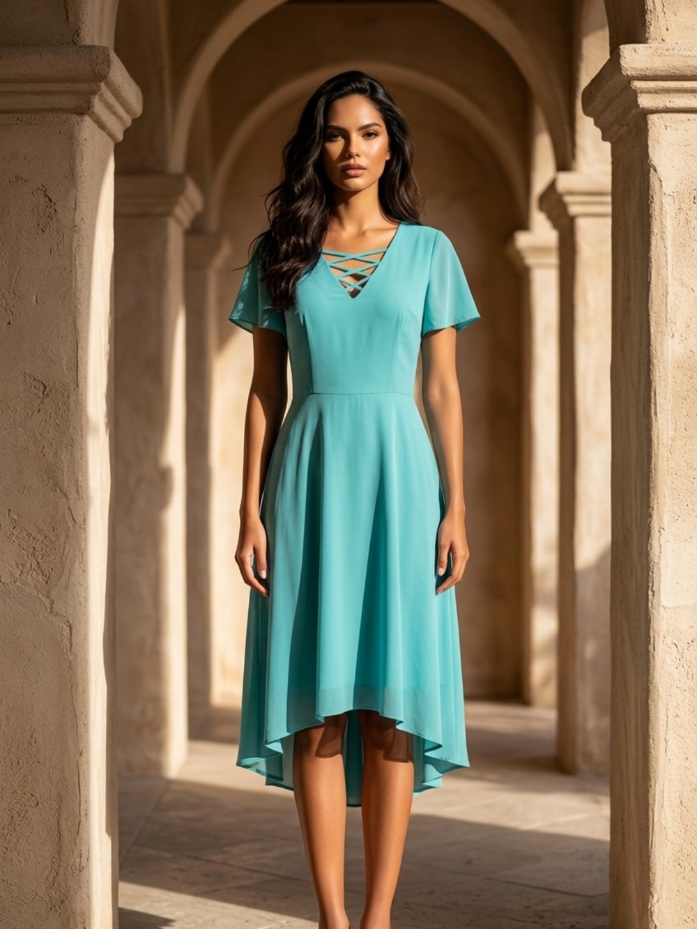 NWT AGB Women's Aqua High-Low Chiffon Dress with Crisscross V-Neck sz 8